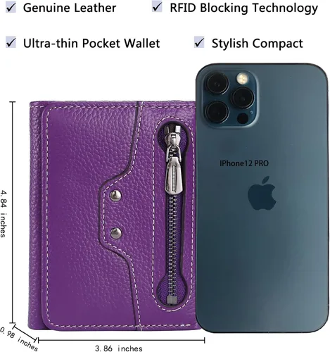 Miniatura 4 de AINIMOER Cartera pequeña de piel para mujer, delgada, compacta, con bloqueo RFID, con bolsillo para monedas, Lichee - Bloqueo Rfid morado.