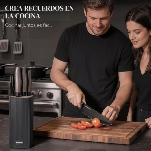Miniatura 8 de Astercook Juego de cuchillos de cocina de 6 piezas con bloque, cuchillos de cocina ultra afilados de acero inoxidable de alto carbono, mango de Negro