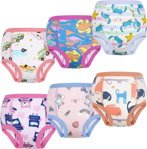 MooMoo Baby Pantalones de entrenamiento para ir al baño, 6 paquetes de ropa interior absorbente para niños y niñas, pantalones de algodón para orina