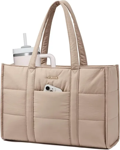 Miniatura 8 de LOVEVOOK Bolsa para laptop para mujer, bolsa de mano acolchada para el trabajo, maletín grande de computadora de 15.6 pulgadas para profesores, Beige