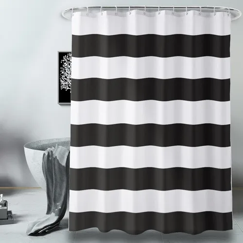 Miniatura 2 de AmazerBath Cortina de ducha en blanco y negro, tela a rayas con 2 piedras pesadas, 72 pulgadas de ancho x 72 pulgadas de alto