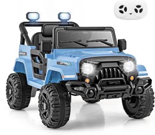 Costzon Camión para niños de 12 V, vehículo eléctrico con control remoto, ruedas roscadas, 3 velocidades, luces LED, música, bocina y conexión Azul