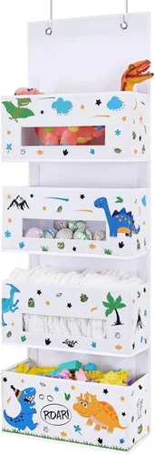 WERNNSAI Organizador colgante de dinosaurio para colgar sobre la puerta, almacenamiento detrás de la puerta con 4 bolsillos transparentes para