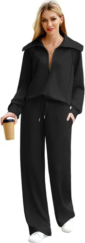 Miniatura 2 de XIEERDUO Conjuntos de descanso para mujer 2023 sudadera de gran tamaño con media cremallera y pantalón deportivo de pierna ancha de 2 piezas