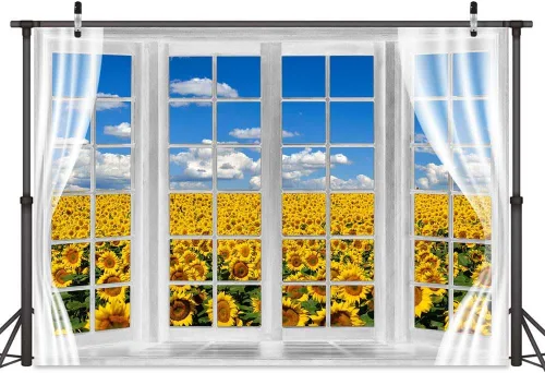 Miniatura 3 de Telón de fondo de campo de girasol, ventana, paisaje, granja, primavera, flores amarillas, cielo azul, fondo de poliéster de 5 x 3 pies para fotos