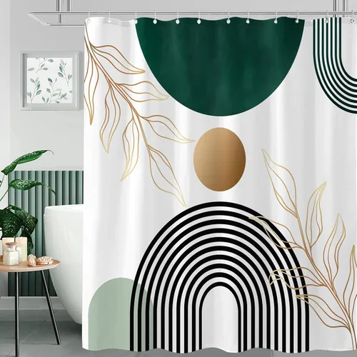 Miniatura 11 de Aipon Cortina de ducha verde de mediados de siglo para baño, cortina de ducha abstracta de estilo bohemio, de tela moderna, impermeable, para baño