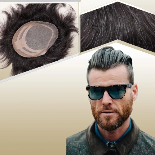 Miniatura 13 de Sistema de reemplazo de cabello humano para hombre, tupé para hombre, piel fina con parte superior de encaje mono y la parte trasera de poliuretano