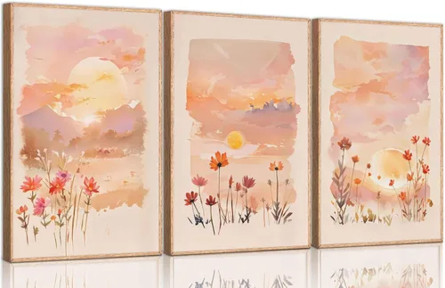 Miniatura 8 de 3 piezas de lienzo de amanecer para pared, flores silvestres rosas rubor, flores silvestres florales y naranjas, acuarela, pinturas de paisaje