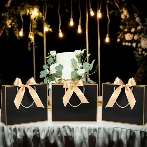 Miniatura 7 de Silkfly 24 bolsas de regalo con asas para dama de honor, 12 x 10 x 4 pulgadas, elegantes bolsas de regalo de bienvenida de boda con lazo para Negro