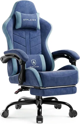 Miniatura 14 de GTPLAYER Silla de juegos para adultos, silla ergonómica para juegos de computadora con reposapiés, altura ajustable, reclinación de 90-155° y Azul