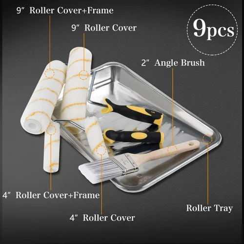 Miniatura 2 de ETERNA Kit de rodillos de pintura, 9 piezas de suministros de pintura para pintura de casa, con bandeja de pintura de metal y rodillos de pintura
