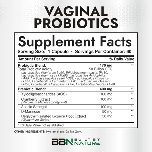 Miniatura 2 de Built by Nature Probióticos vaginales para mujeres – Balance de pH y salud femenina con prebióticos, Lactobacillus y extracto de arándano – 50 mil