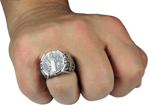Miniatura 5 de St Benedict christian catholic ancient Sterling Silver 925 medal mens ring, Exorcism