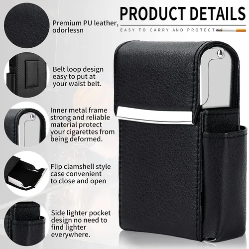 Miniatura 3 de Caja de cigarrillos deslizante de piel sintética con soporte para encendedor y trabilla para cinturón para hombres y mujeres, unisex