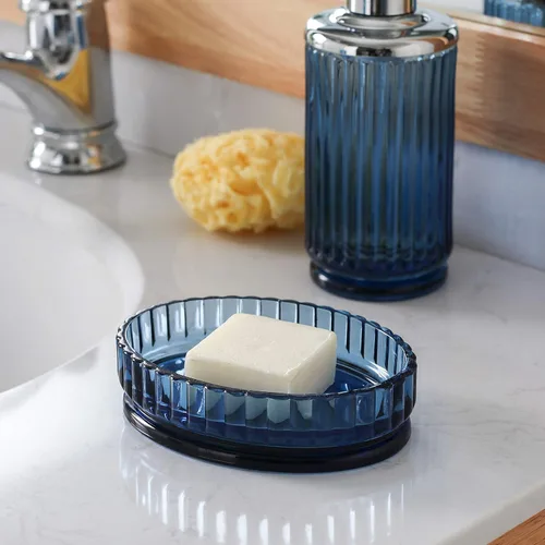 Miniatura 6 de Juego de 4 accesorios de baño de vidrio azul pesado con patrón decorativo prensado, incluye dispensador de jabón de mano, vaso, jabonera y soporte