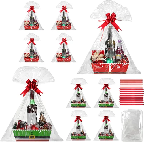 Miniatura 7 de Cholemy Kit de 24 cestas – Bandejas, bolsas y lazos de papel kraft vacíos – Cinturón de elfo y cestas de cartón de caramelo con asas