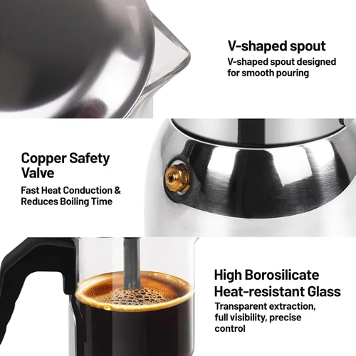 Miniatura 6 de Cafetera de 4 tazas de vidrio transparente, olla de moka de acero inoxidable 304 espesado para estufa, máquina de café italiana, cafetera Greca