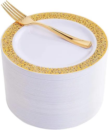 WDF -Platos desechables para postre, 100 unidades, dorados, de 7.5 pulgadas, con 100 tenedores desechables de 7.4 pulgadas, con diseño de encaje