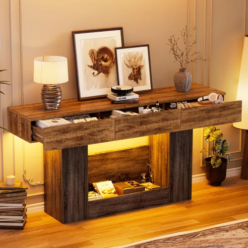 Miniatura 10 de PAKASEPT - Mesa de consola de 63 pulgadas con luces LED coloridas y 3 cajones, mesa de sofá rectangular de madera detrás del sofá, mesa de entrada