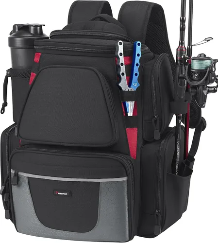 Miniatura 8 de Piscifun Mochila de pesca con 2 soportes para caña y 4 cajas de aparejos, bolsa grande de almacenamiento de aparejos con cubierta de lluvia