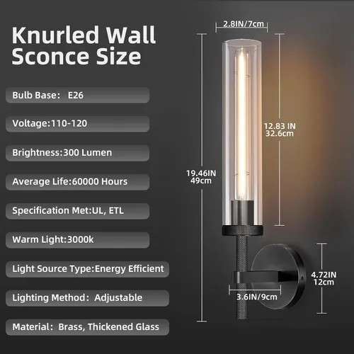Miniatura 4 de Apliques de pared modernos en negro con cableado integrado, aplique de pared de 21'' con textura estriada para baño, aplique de pared