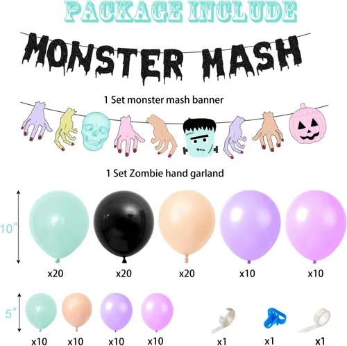 Miniatura 6 de Kit de arco de guirnalda de globos de monstruo de Halloween, globos negros, morados, verdes con globos de papel de aluminio, pancarta de monstruo
