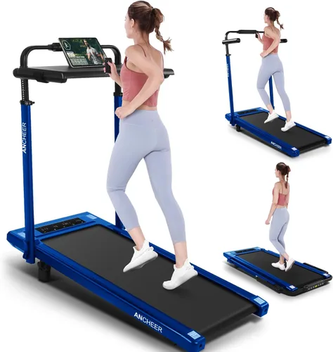 ANCHEER Cinta de correr con estación de trabajo de escritorio y altura ajustable, caminadora plegable con 8% de inclinación, almohadilla para Azul
