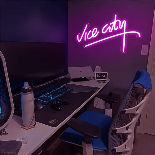 Miniatura 6 de Letrero de neón rosa de Vice City, letrero de neón LED regulable de IMEGINA para dormitorio, de 15.6 x 9.8 pulgadas, letras de neón con alimentación