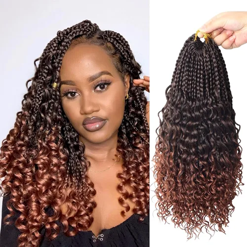 Miniatura 45 de Goddess Box Braids - Trenzas de cabello a ganchillo con extremos rizados, trenzas de caja bohemianas de 16 pulgadas, trenzas de ganchillo, 8 1B-4-30