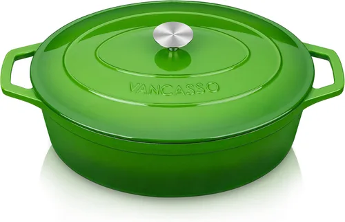 vancasso Horno holandés de hierro fundido esmaltado, olla holandesa de 9.3 cuartos de galón con tapa, olla ovalada de hierro fundido con Verde