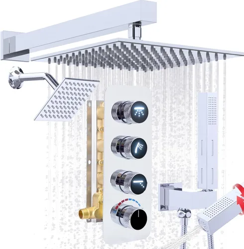 Miniatura 10 de Enga Sistema de cabezal de ducha doble, cabezal de ducha LED de lluvia de 14 x 20 pulgadas con cabezal de pared de 6 pulgadas, juego de grifo de Oro