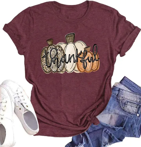 Miniatura 29 de Woffccrd - Camisetas divertidas con estampado de calabaza y leopardo para mujer, camisetas gráficas de manga corta de Halloween para mujer