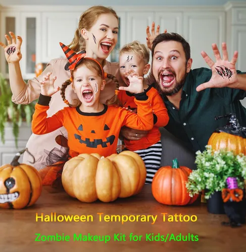 Miniatura 5 de Cara y cuerpo de terror realista de cicatriz falsa, impermeable, tatuajes temporales, calcomanías para Halloween, día del inocente, zombi, 8 hojas