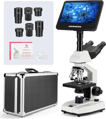 [Monitor inteligente de temperatura constante de 24 MP] Microscopio compuesto trinocular Vabiooth Lab 40X-2500X Mag con monitor de 7 pulgadas,