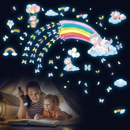 Miniatura 7 de Calcomanías de pared grandes arcoíris y unicornio que brillan en la oscuridad, calcomanías de pared de mariposas luminosas y estrellas brillantes