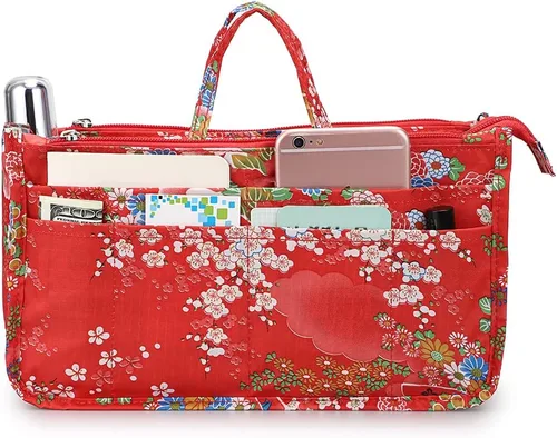 Miniatura 2 de BTSKY Organizador de bolsas de impresión dentro del bolso, organizador de bolsa de alta capacidad con 13 bolsillos con asa (flor festiva)