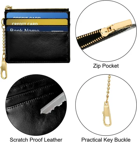 Miniatura 39 de URAQT Cartera para tarjetas de crédito, cartera minimalista de cuero delgado con cremallera, mini protector de tarjeta de crédito, llavero bolsillo