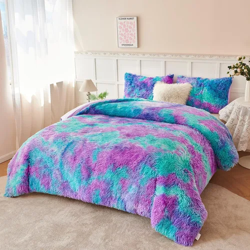 Miniatura 16 de PERFEMET Juego de cama de 3 piezas de felpa azul peluda tamaño queen, estampado de teñido largo, ropa de cama arcoíris de piel sintética para niñas