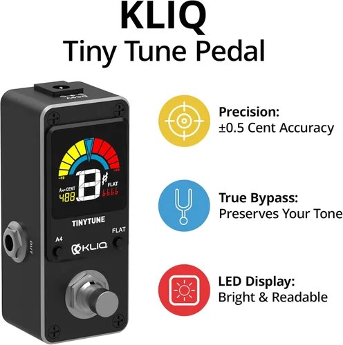 Miniatura 2 de KLIQ TinyTune Pro Pedal afinador de escenario para guitarra y bajo, mini pedal cromático con True Bypass, interruptor silencioso, afinación plana