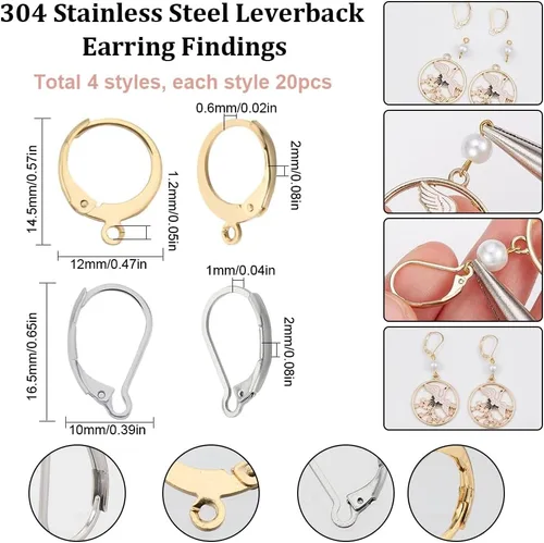 Miniatura 2 de SUNNYCLUE 1 caja de 80 piezas de hallazgos de aretes con cierre de palanca, hallazgos de aretes de aro Huggie, ganchos de oreja con cierre de 1 caja