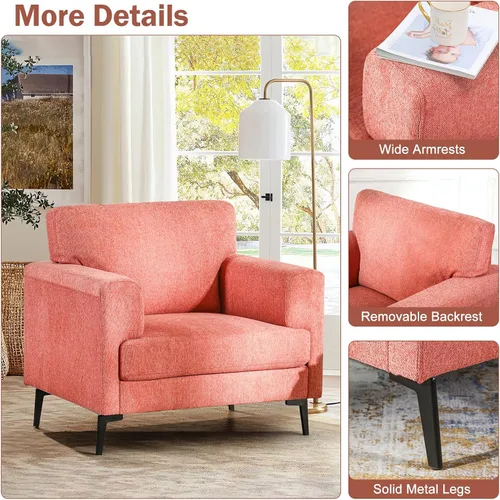 Miniatura 6 de Silla decorativa de gran tamaño, sillas tapizadas para sala de estar, sofá individual con patas de metal, cómoda silla de lectura de tela de lino