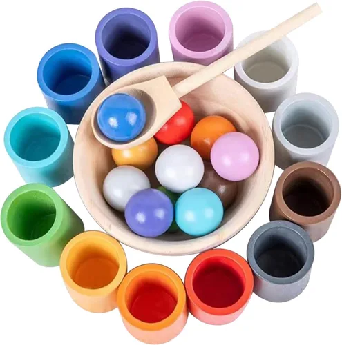 Juguetes Montessori de bolas arcoíris en vasos para niños de 3 años, juegos de madera de preescolar para niños pequeños, juegos de aprendizaje de