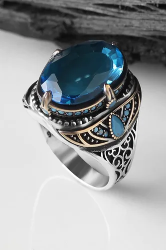 Miniatura 3 de BayVog 925 Sterling Silver Blue Topaz Gemstone Men's Silver Ring, Handmade Engraved Man Silver Ring gifts for men handmade rings valentines day