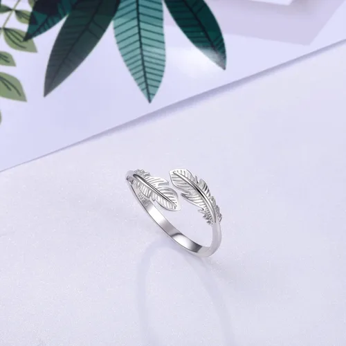 Miniatura 3 de Anillo de plumas inspirador, joyería de plata de ley 925 con hojas ajustables y delicadas, anillos abiertos para mujeres, adolescentes y niñas