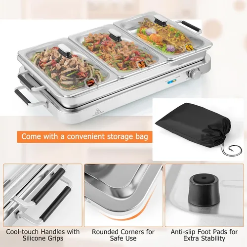 Miniatura 7 de Giantex Servidor de Buffet y Calentador de Alimentos Eléctrico, Bandeja de Calentamiento de Alimentos 2 en 1, Temperatura Ajustable, 3 Bandejas
