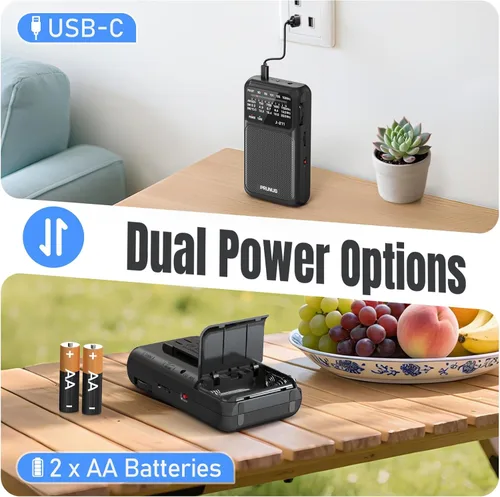 Miniatura 2 de PRUNUS J-211 - Radio portátil AM FM con carga USB C y operada por baterías AA, radio de transistor, fuerte recepción y altavoz claro, conector