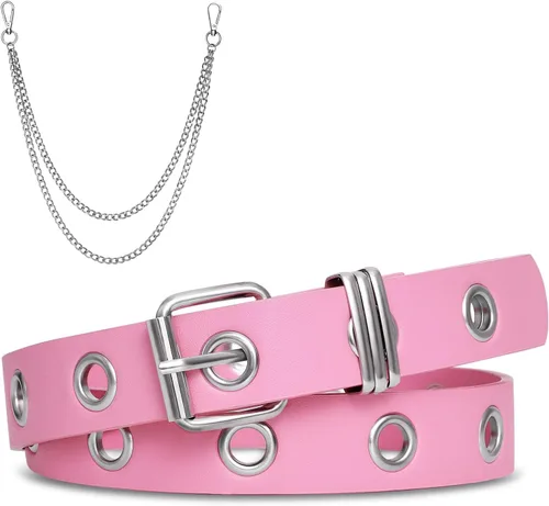 Miniatura 12 de FIORETTO Cinturón de cuero con ojales y cadena desmontable para mujeres y hombres, cinturones de cintura punk rock para pantalones vaqueros