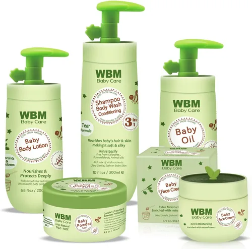 WBM Care Baby Gift Set | 5 productos esenciales para el cuidado de la piel del bebé: loción para bebés, champú para bebés, crema facial, polvo para