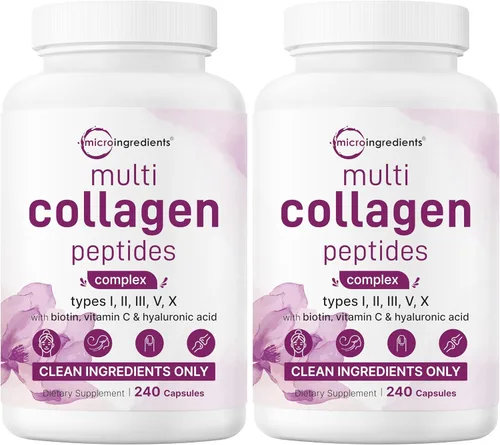 Miniatura 9 de Micro Ingredients Píldoras de colágeno múltiple para mujeres y hombres, 240 cápsulas Tipo I, II, III, V, X Péptidos proteicos hidrolizados