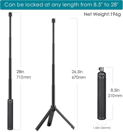 Miniatura 2 de Trípode de aluminio extensible para selfie stick de 28 pulgadas para GoPro Hero 13 12 11 10 9 8 7 6 5 Max Fusion/DJI, soporte de trípode 3 en 1